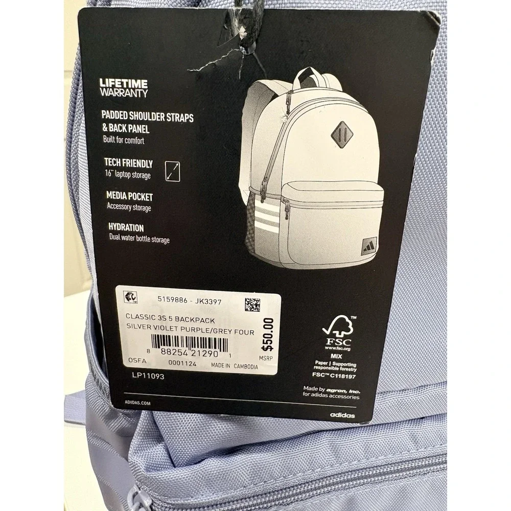 adidas Classic 3S 5 Backpack Silver Violet Purple 16